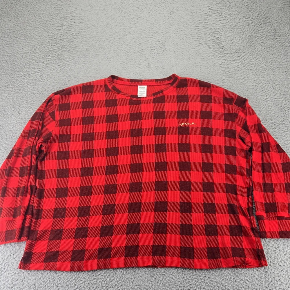 PINK Shirt Womens XXL Red Buffalo Check Sleepwear Long Sleeve Crewneck